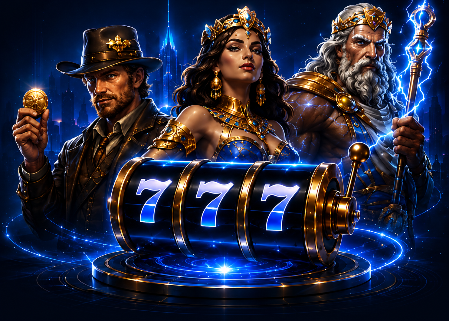 Casino characters with a glowing slot machine